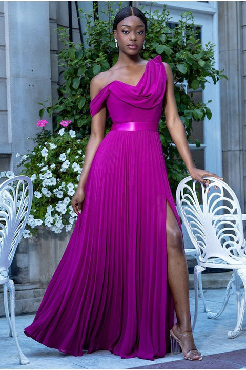 Goddiva Cowl Neck One Shoulder A Line Chiffon Maxi Dress - Magenta