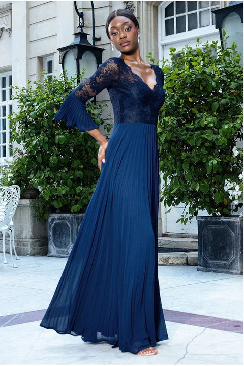 Goddiva Scalloped Lace Bodice Pleated Chiffon A Line Maxi Dress - Navy Blue