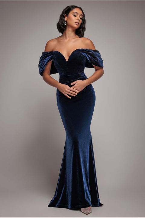 Goddiva Off The Shoulder Deep Plunge Velvet Maxi Dress - Navy Blue