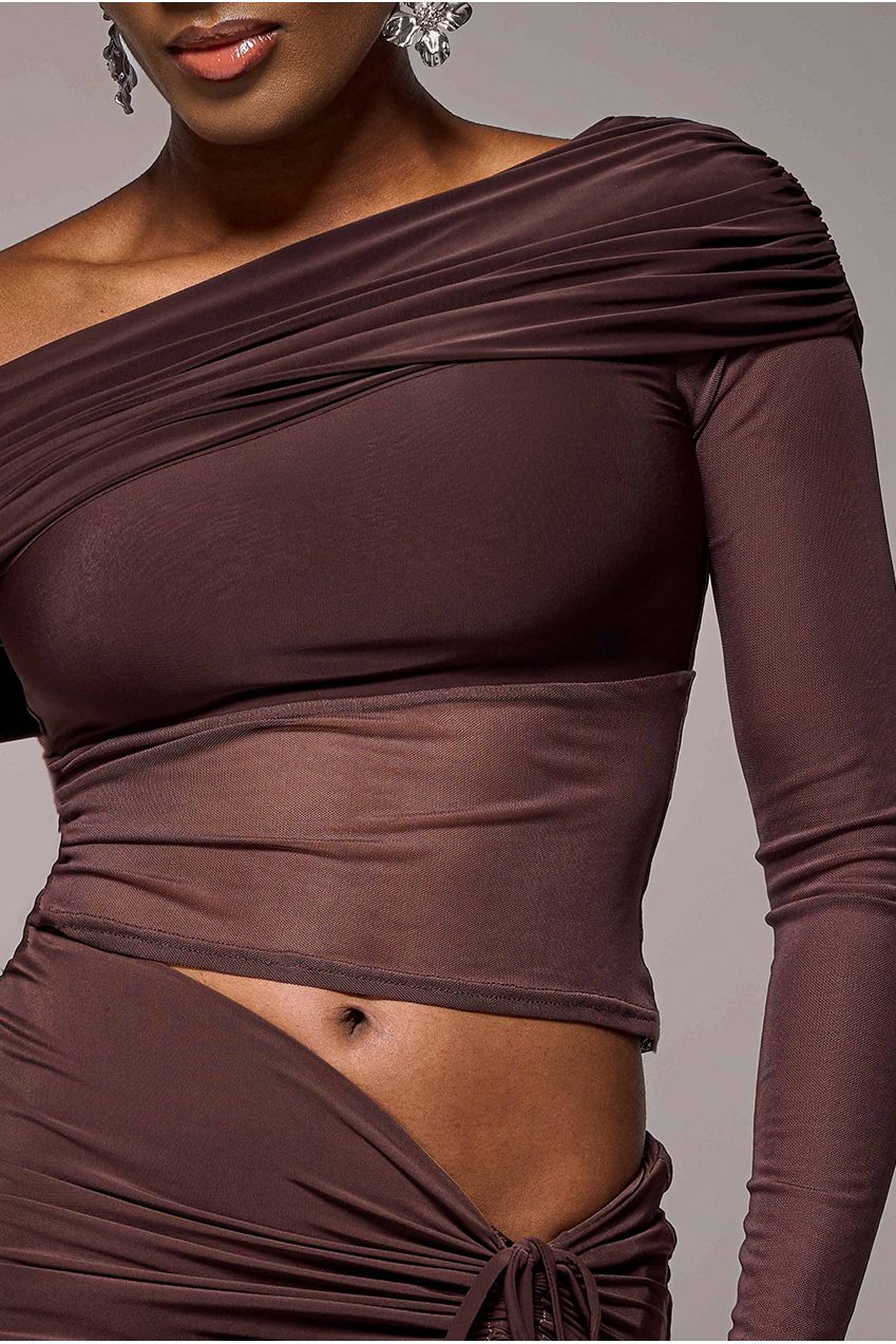 Goddiva Gathered Bardot Asymmetric Mesh Panel Top - Brown