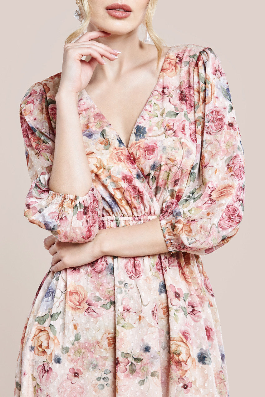 Goddiva Ombre Floral Printed Wrap Midi Dress - Ivory