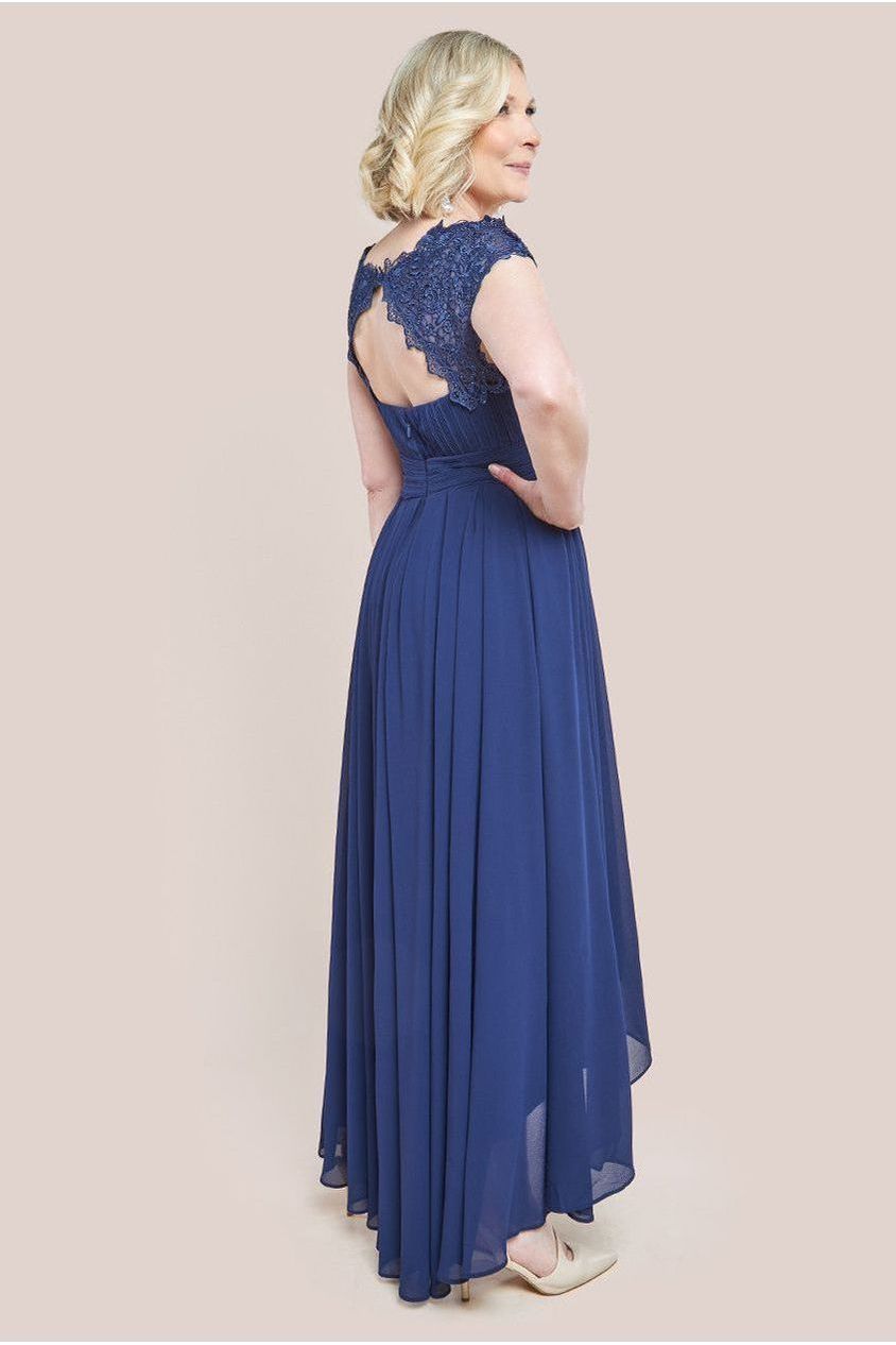 Goddiva Crochet & Pleated Top High Low Maxi Dress - Navy
