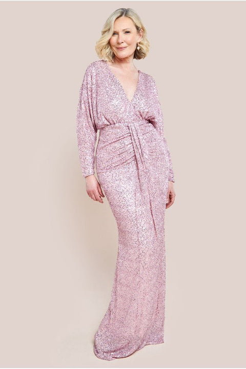 Goddiva Plunge V-Neck Sequin Maxi Dress - Blush
