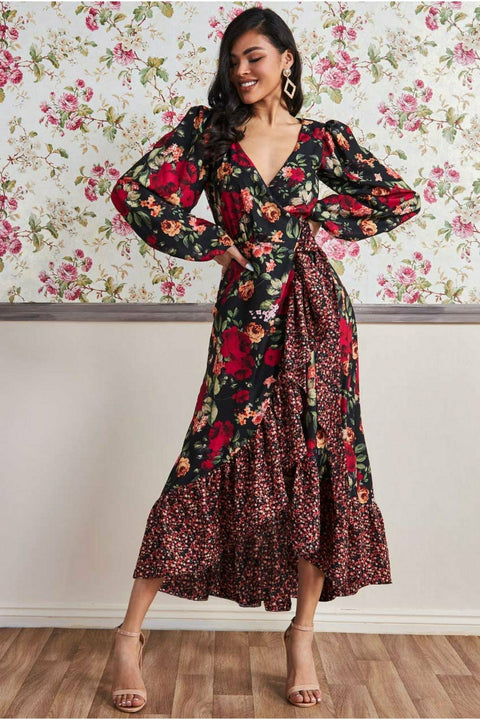 Goddiva Frill Hem Wrap Maxi Dress - Red Print