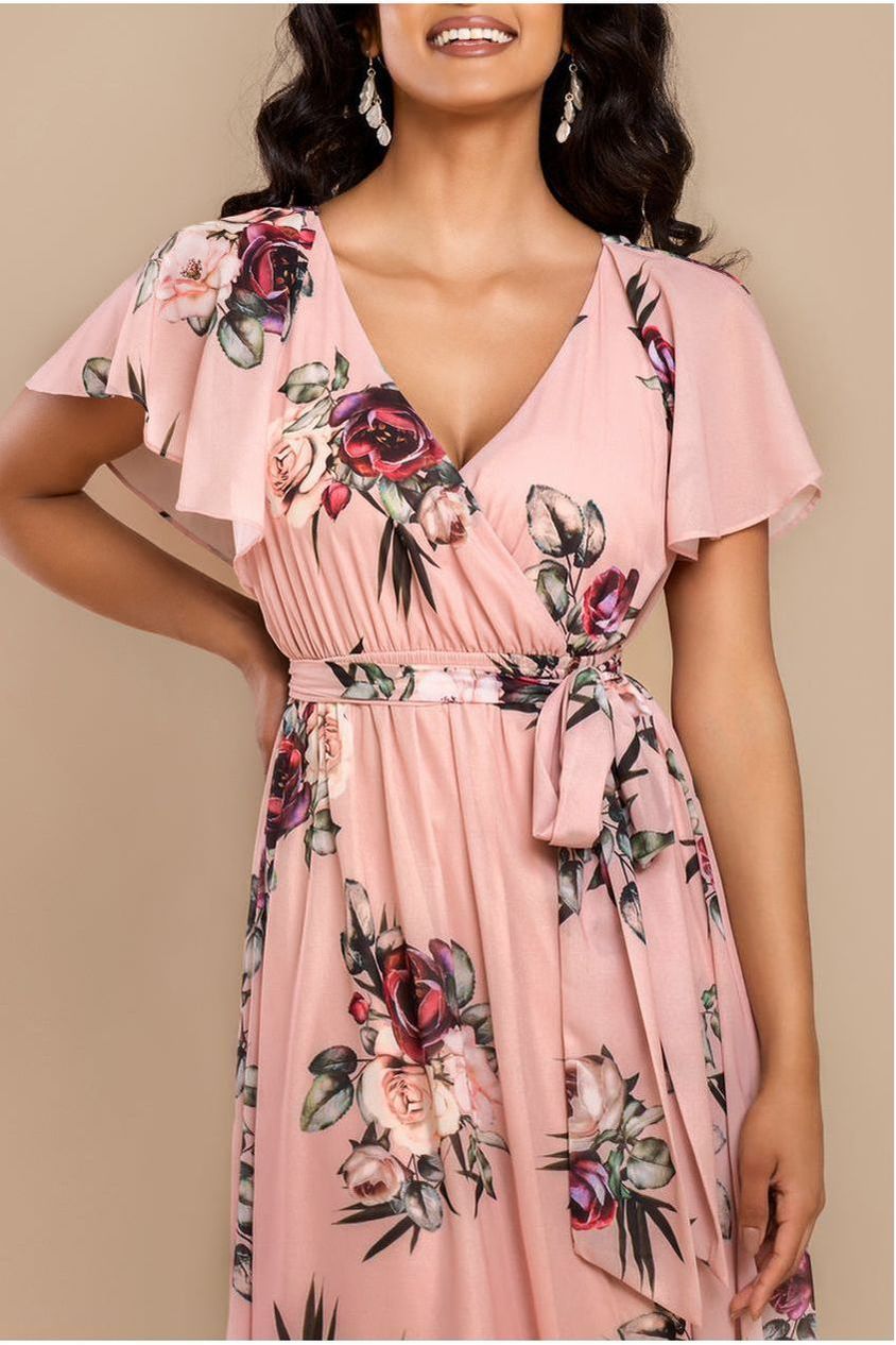 Goddiva Sustainable Floral Print Midi Wrap Dress With Flutter Sleeves - Peach