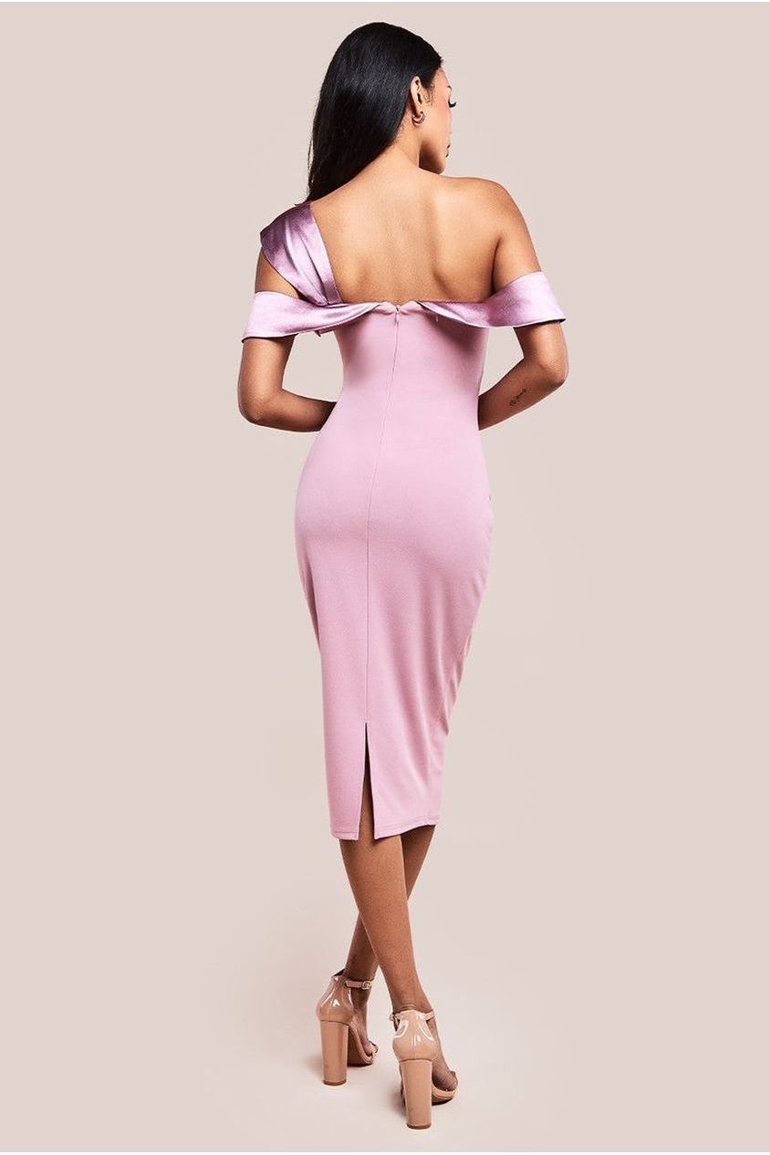 Goddiva One Shoulder Satin Band Bodycon Midi Dress - Rose Pink