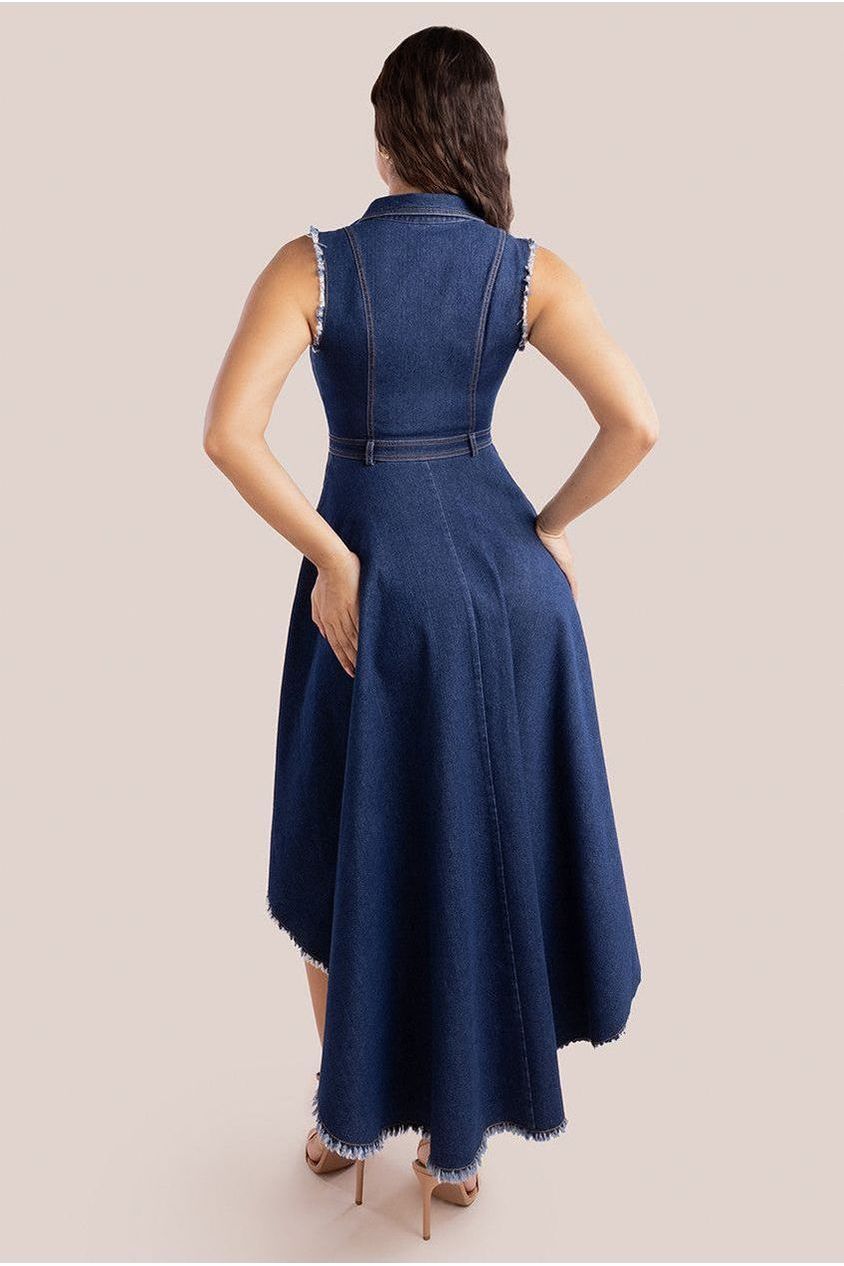 Goddiva Denim Sleeveless High And Low Midaxi Dress - Navy Denim