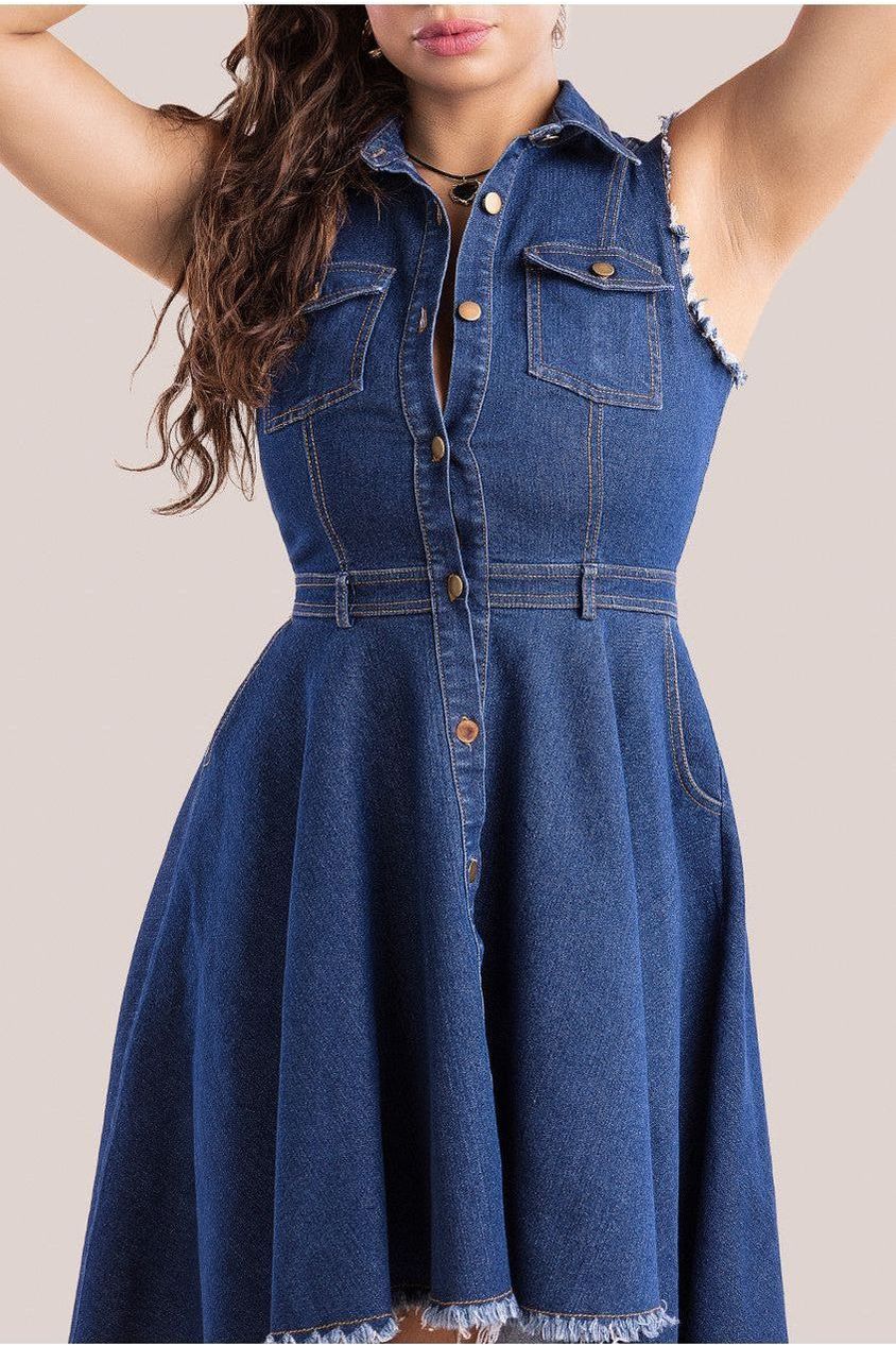 Goddiva Denim Sleeveless High And Low Midaxi Dress - Navy Denim