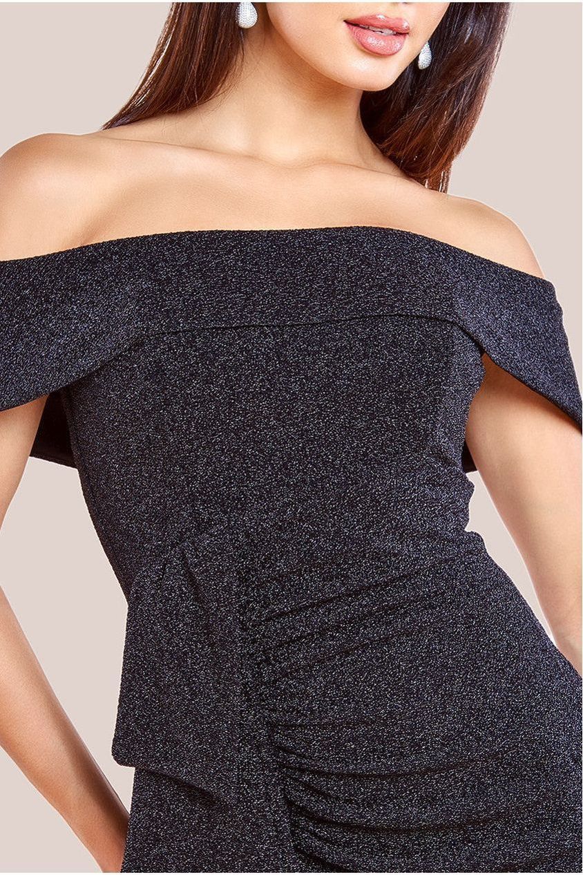Goddiva Sparkling Bardot Midi With Waterfall Ruffle - Black