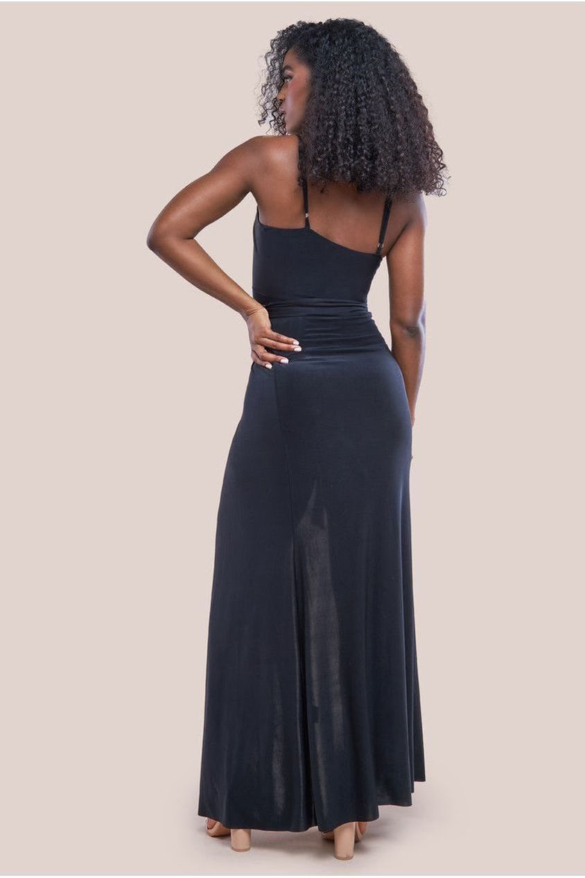 City Goddess Wrap Front Maxi Slip Dress With Waist Tie-Up - Black
