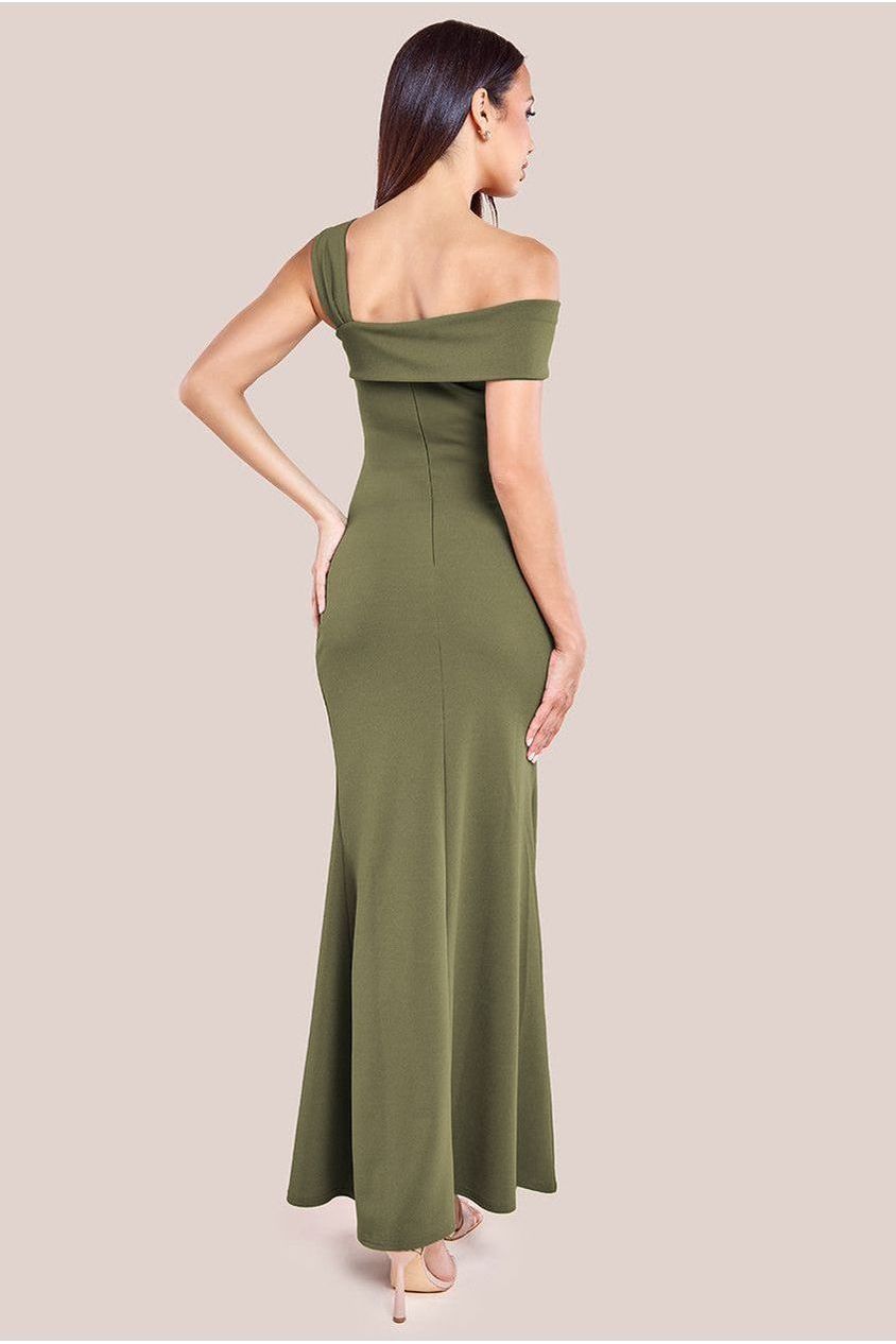Goddiva Off The Shoulder Pleated Waist Maxi Dress - Khaki