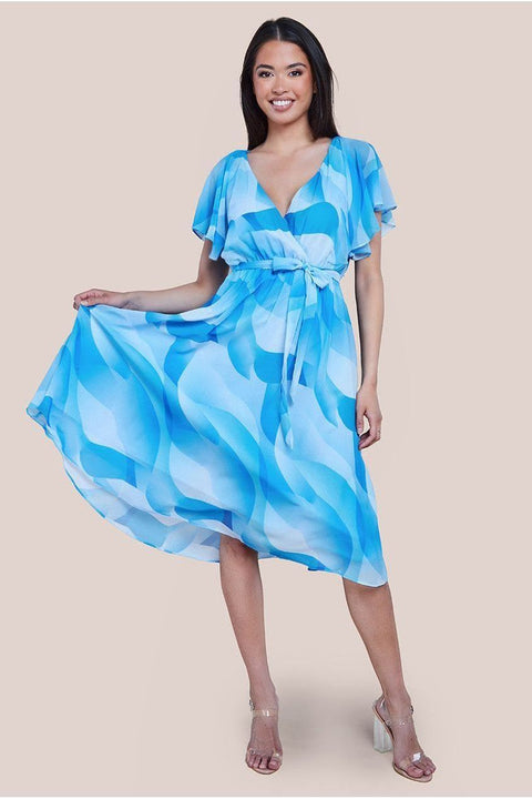 Goddiva Printed Flutter Sleeve Chiffon Midi Dress - Light Blue