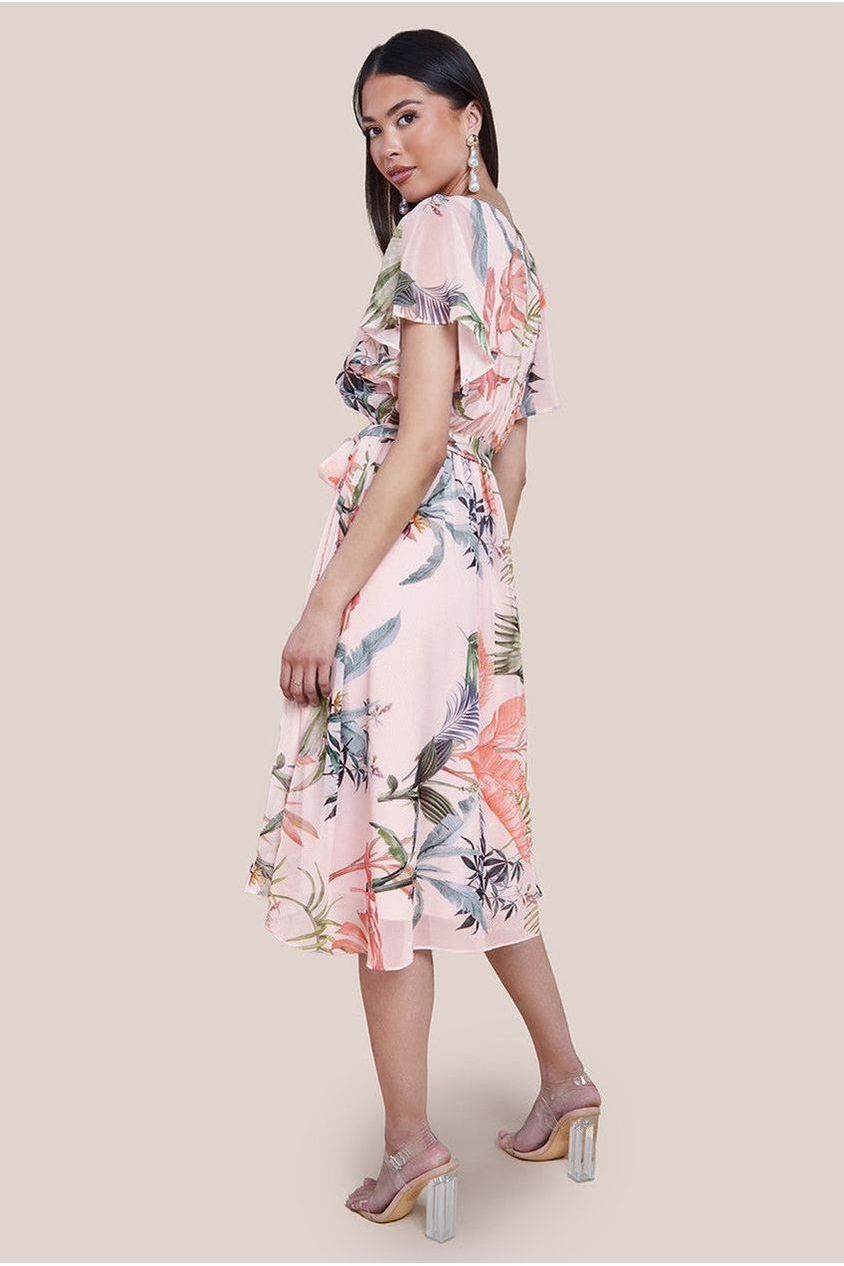 Goddiva Floral Printed Flutter Sleeve Chiffon Midi Dress - Off White