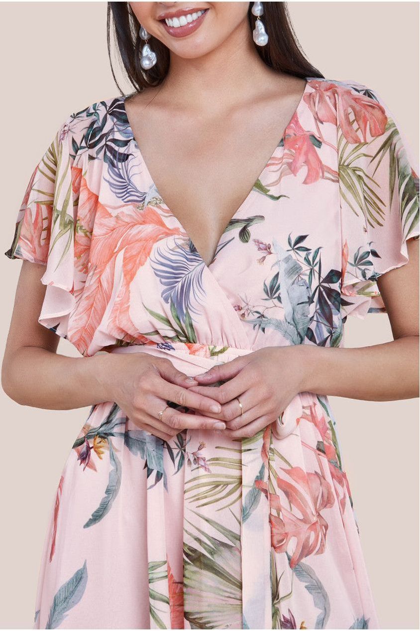 Goddiva Floral Printed Flutter Sleeve Chiffon Midi Dress - Off White