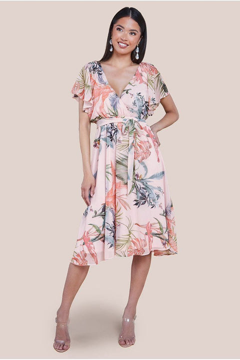 Goddiva Floral Printed Flutter Sleeve Chiffon Midi Dress - Off White