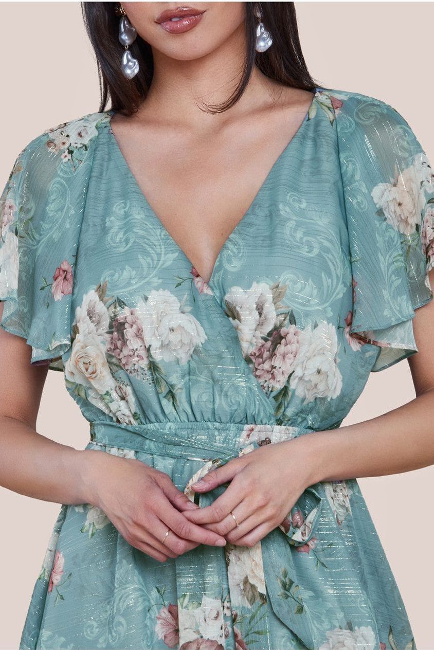 Goddiva Printed Lurex A-Line Flutter Sleeve Midi Dress - Airforce Blue