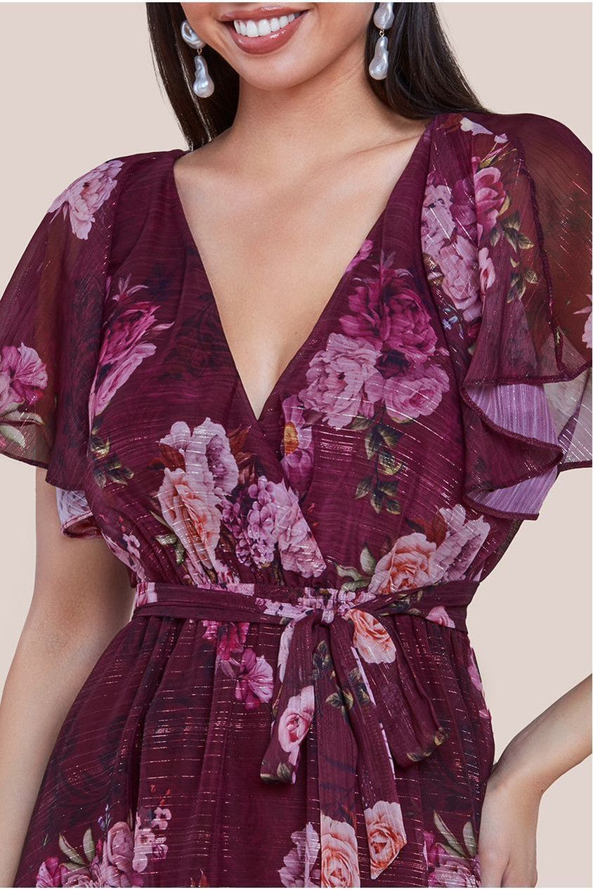 Goddiva Printed Lurex A-Line Flutter Sleeve Midi Dress - Berry