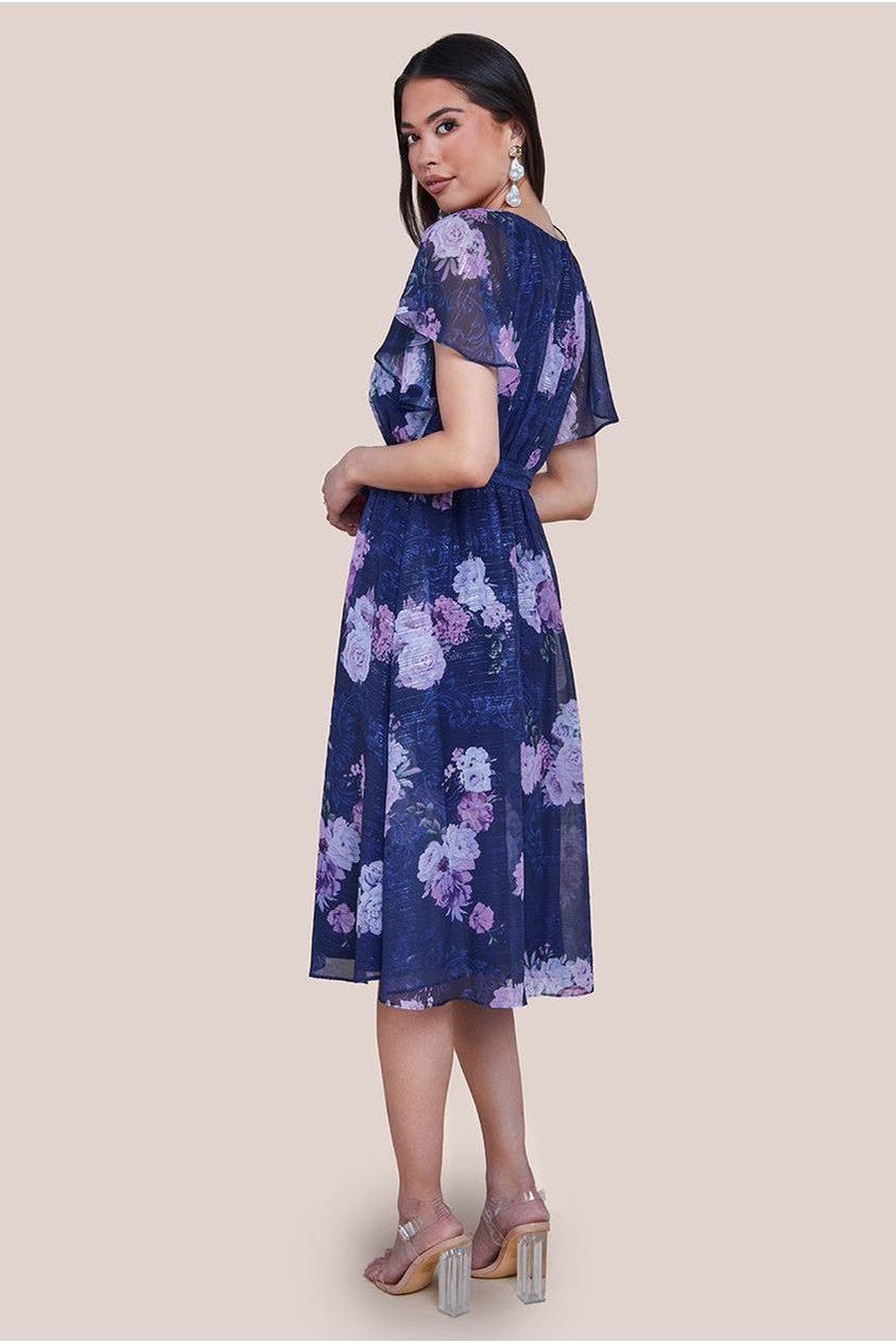 Goddiva Printed Lurex A-Line Flutter Sleeve Midi Dress - Navy
