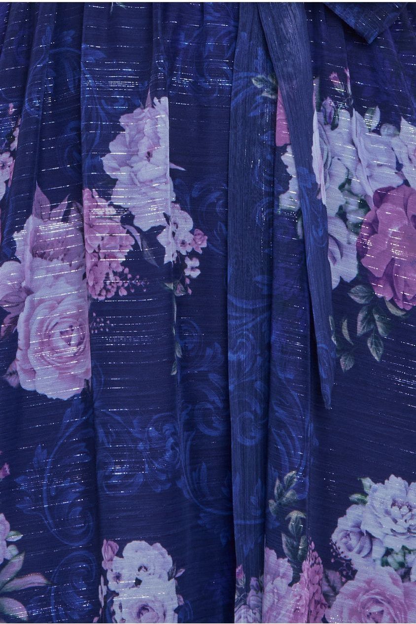 Goddiva Printed Lurex A-Line Flutter Sleeve Midi Dress - Navy