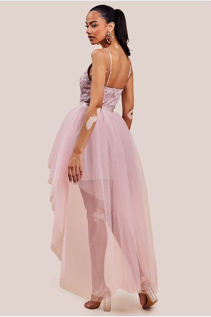 Goddiva High Low Tulle Mini With Lace Bodice - Blush
