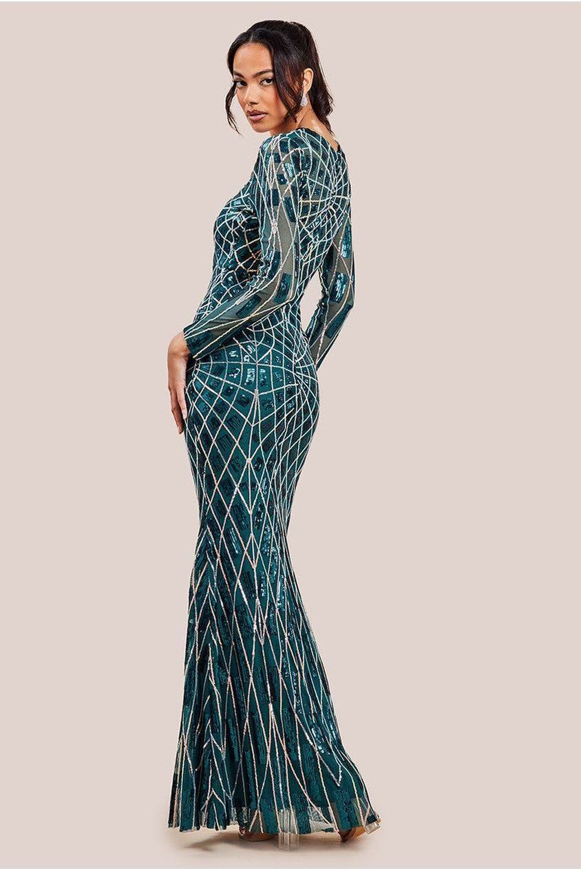 Goddiva Geo Sequin Long Sleeve Maxi Dress - Emerald