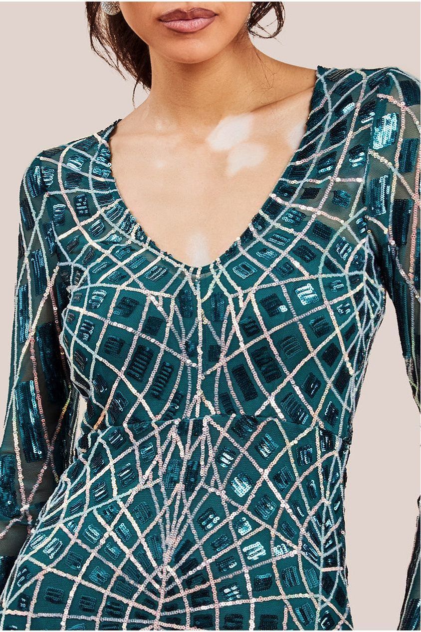 Goddiva Geo Sequin Long Sleeve Maxi Dress - Emerald