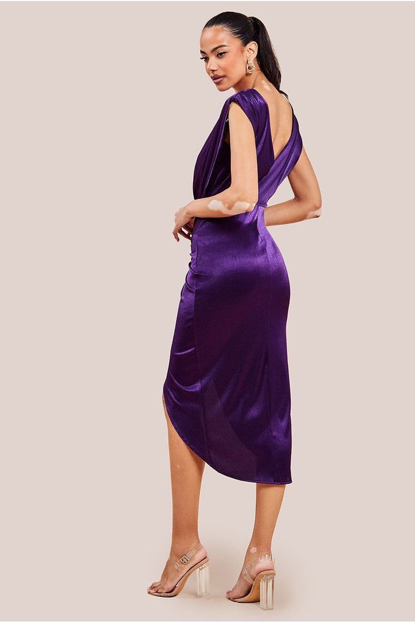 Goddiva Satin Wrap Knotted Midi Dress - Purple