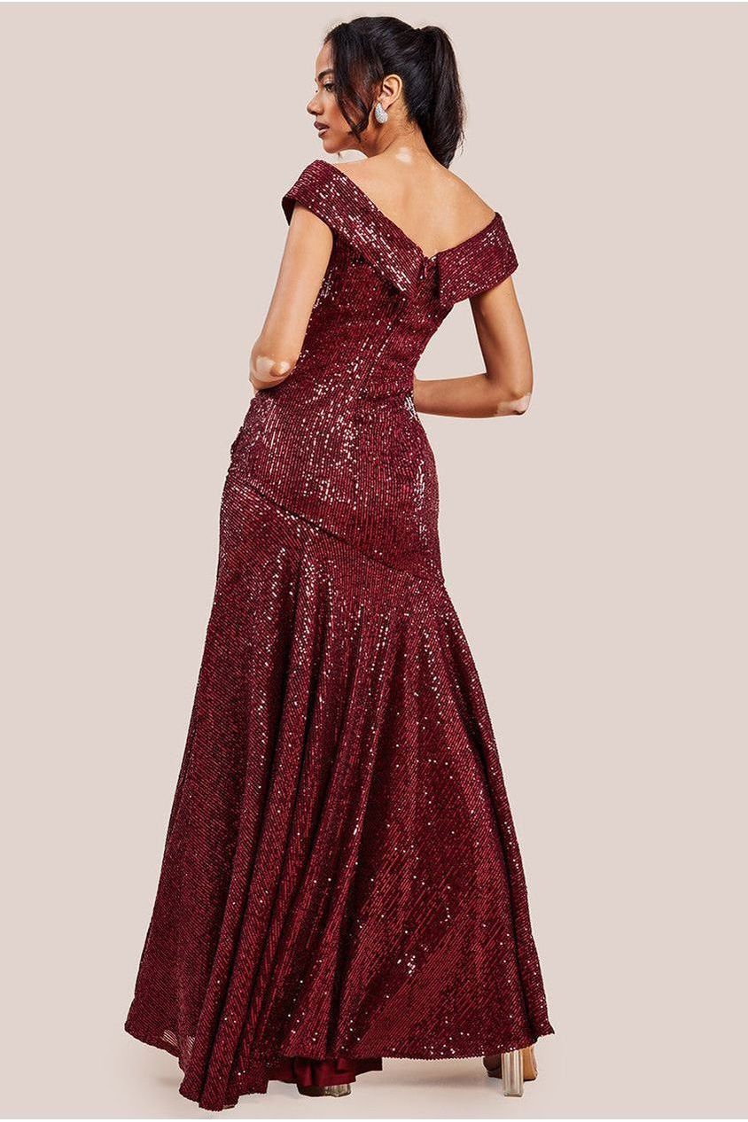 Goddiva Bardot Sequin Pleated Maxi Dress - Wine