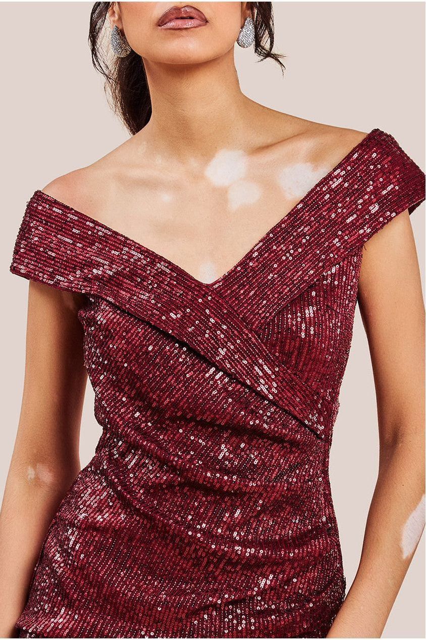 Goddiva Bardot Sequin Pleated Maxi Dress - Wine