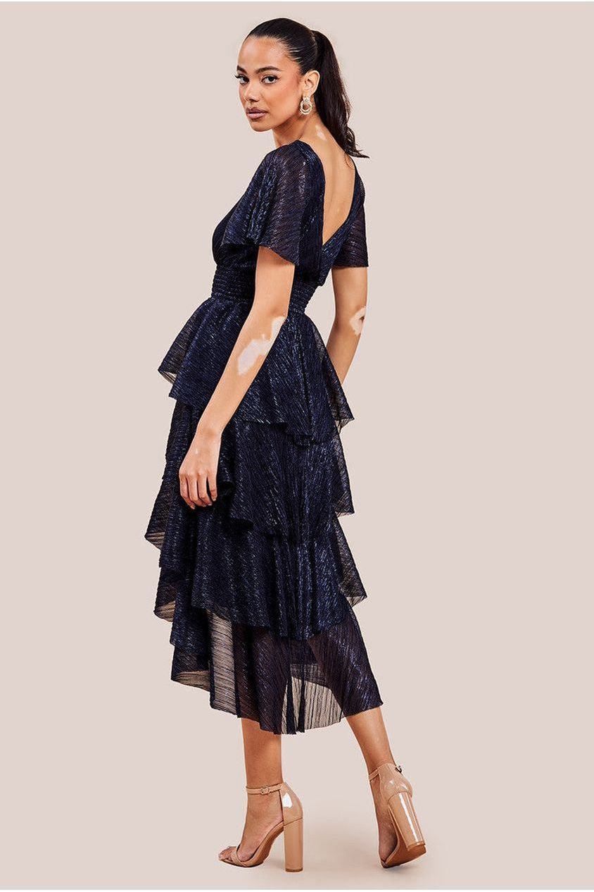 Goddiva Crinkle Lurex High Low Layered Midi Dress - Navy