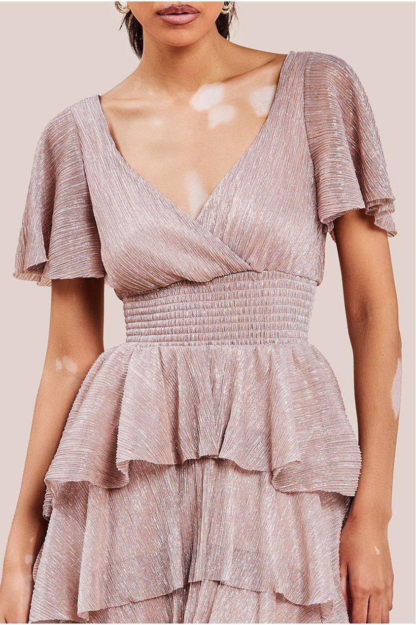 Goddiva Crinkle Lurex High Low Layered Midi Dress - Blush