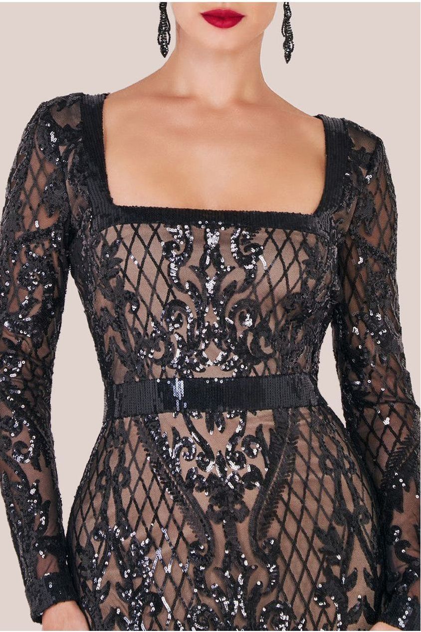 Goddiva Sequin Square Neck Maxi With Scallop Hem - Black