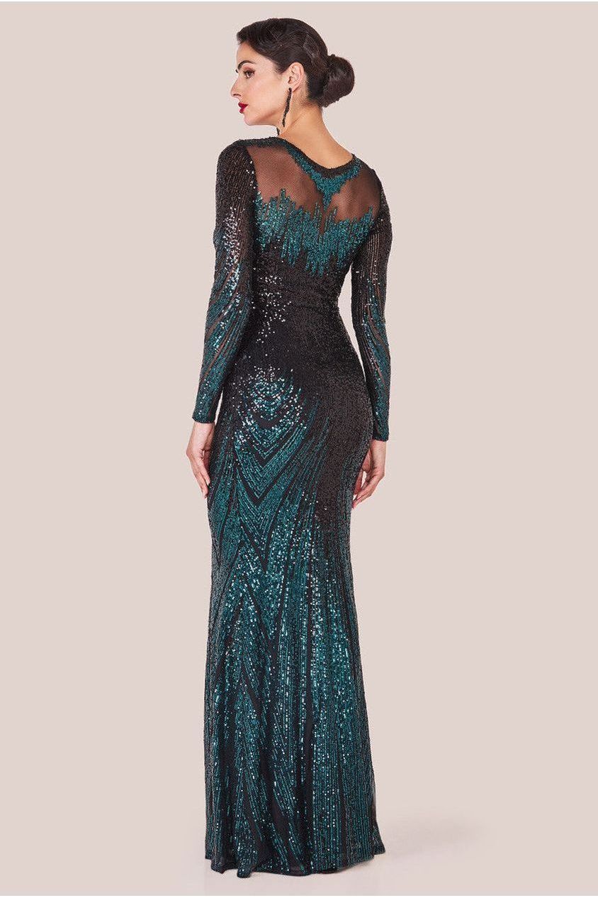 Goddiva Long Sleeve Aztec Sequin Maxi Dress - Emerald Green