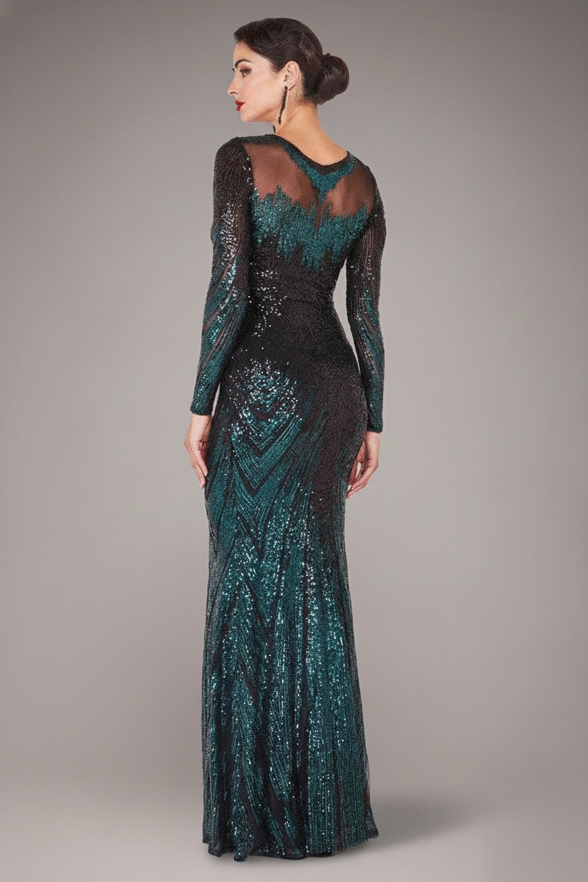 Goddiva Long Sleeve Aztec Sequin Maxi Dress - Emerald Green