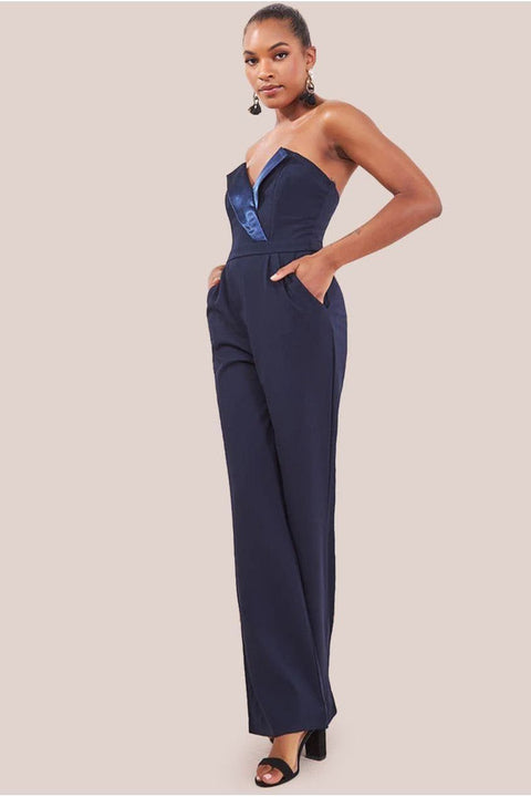 Goddiva Satin Collar Scuba Romper - Navy