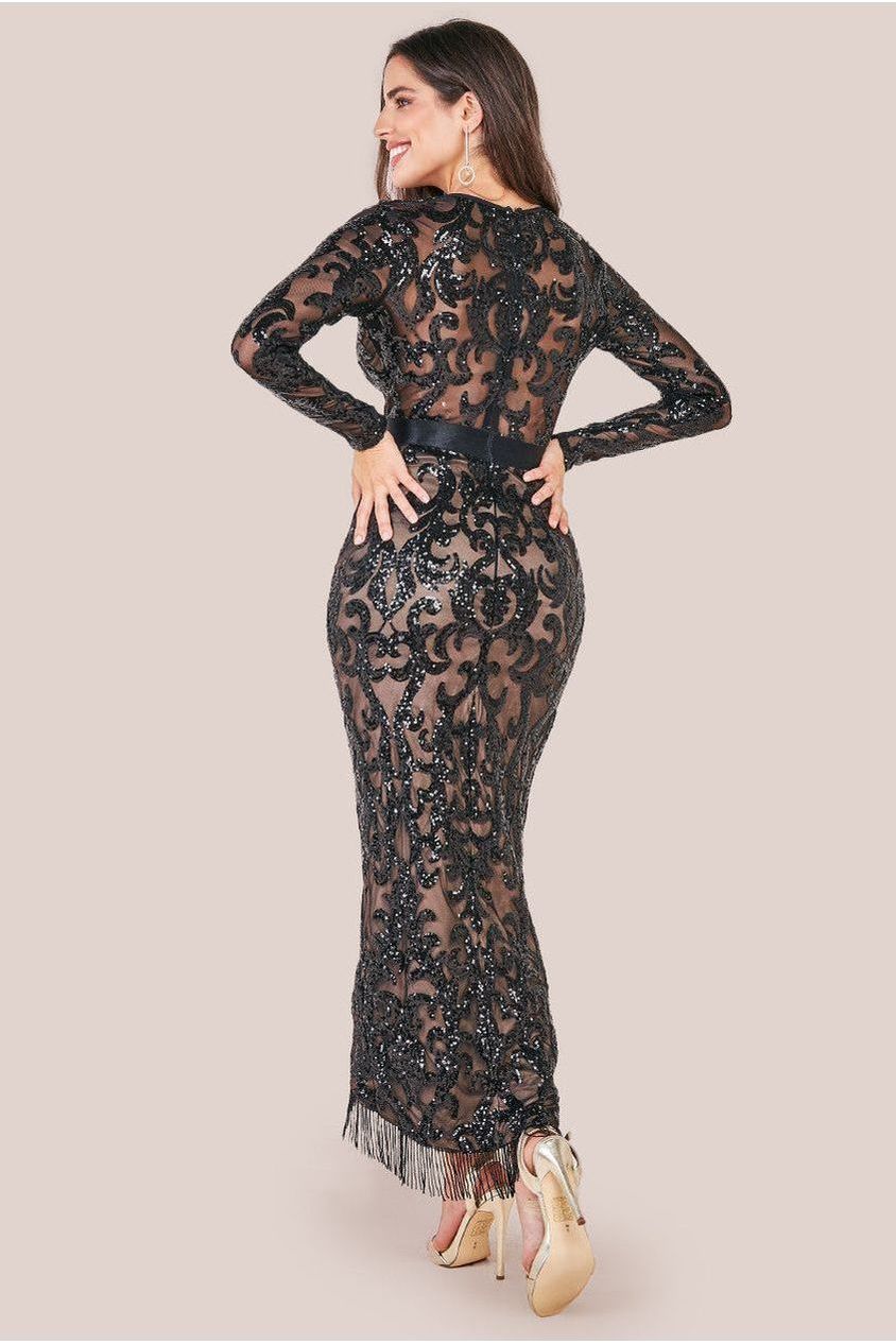 Goddiva Tassel & Sequin Midaxi With Front Split - Black