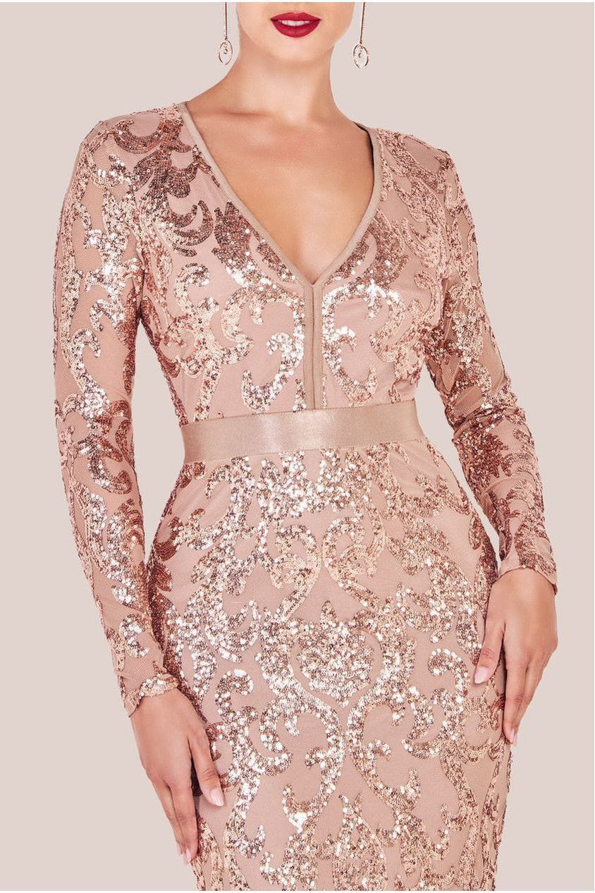 Goddiva Tassel & Sequin Midaxi With Front Split - Champagne