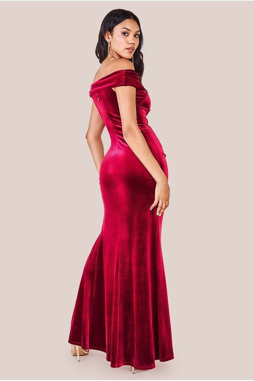 Goddiva Velvet Bardot Maxi Dress With Split - Burgundy