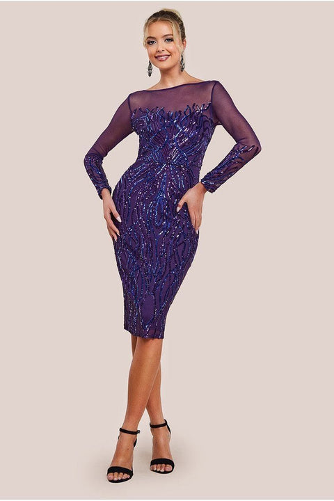Goddiva Long Sleeve Sequin Flame Midi Dress - Purple