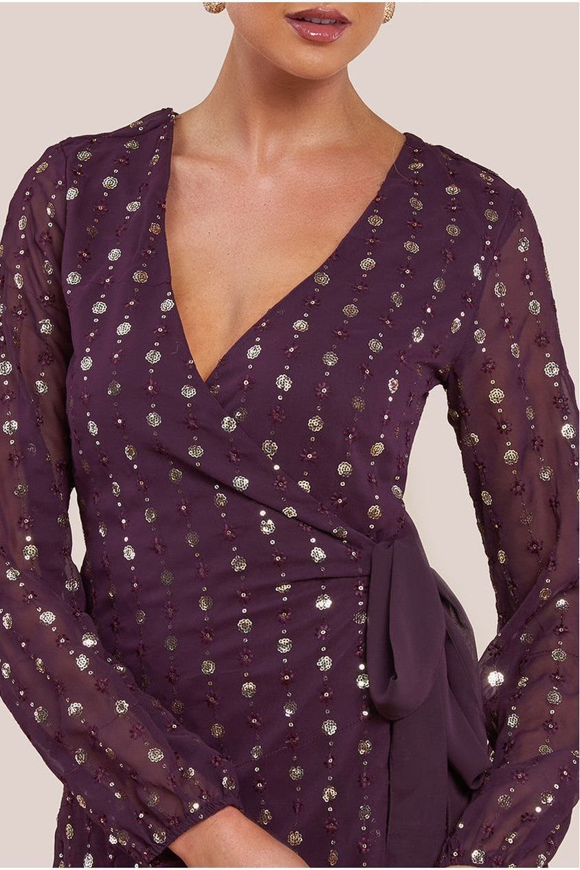 Goddiva Wrap Over Sequin Mini Dress - Wine