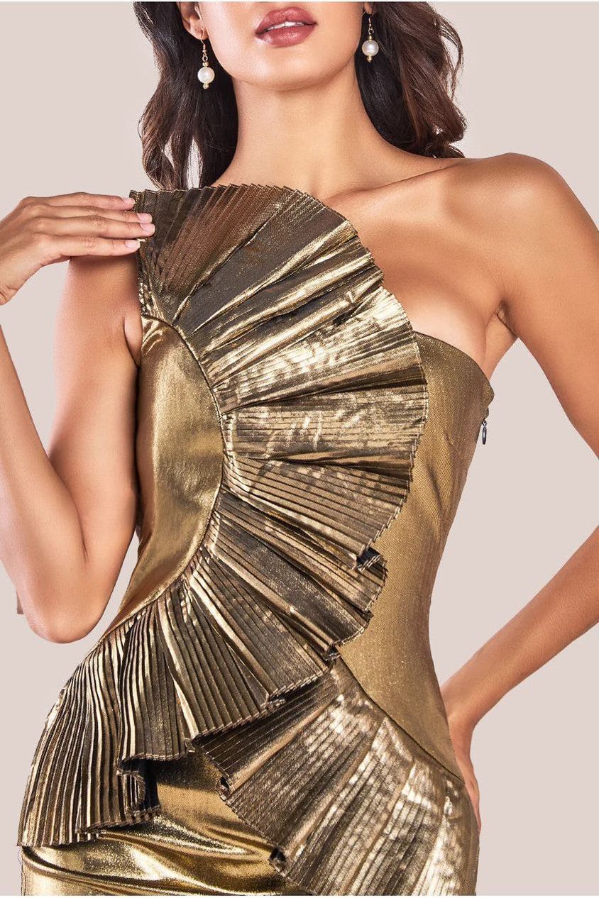 Goddiva One Shoulder Pleated Fan Maxi Dress - Gold