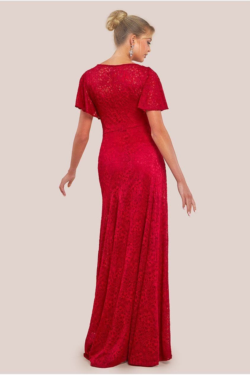 Goddiva Flutter Sleeve Lace A-Line Maxi Dress - Red