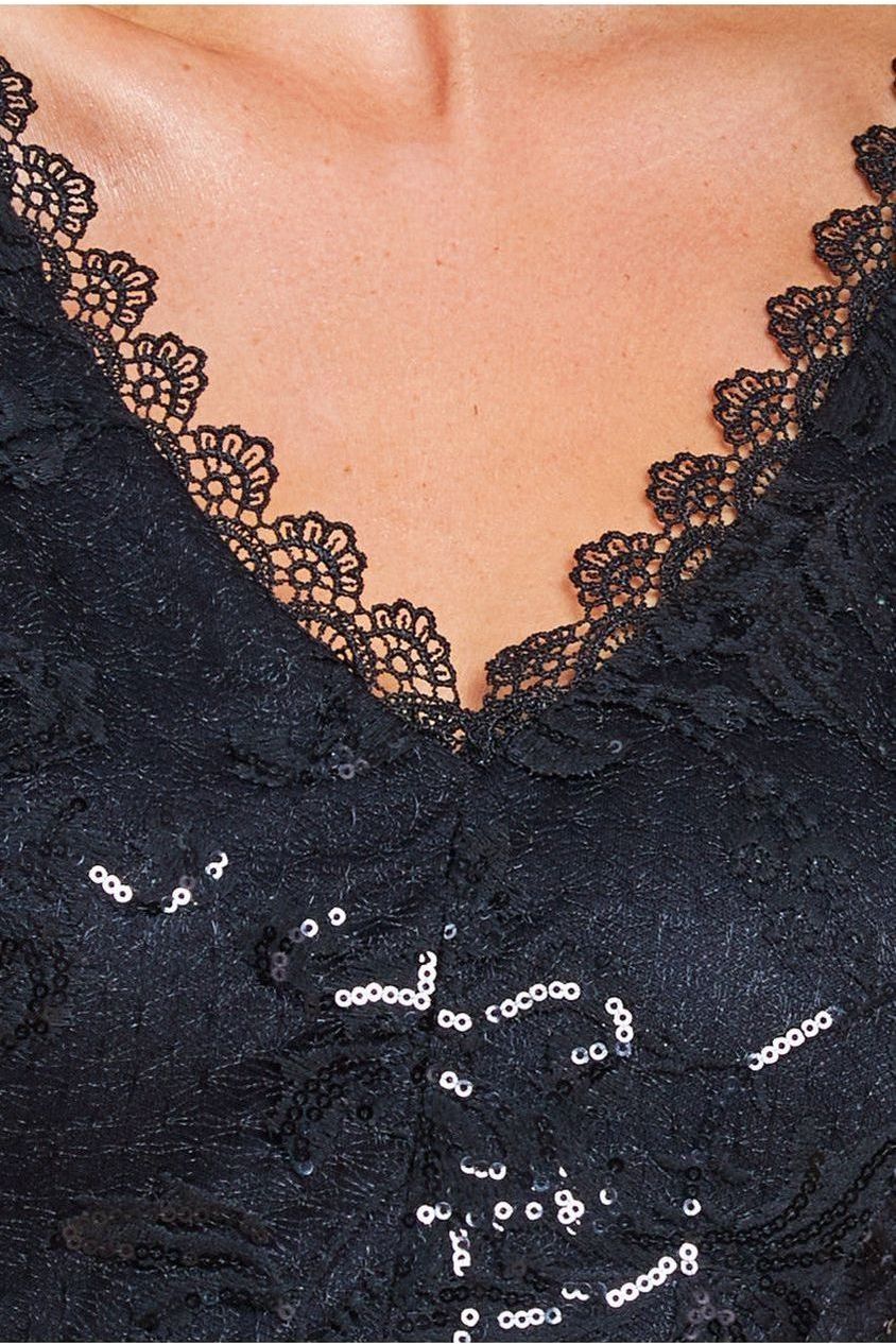 Goddiva Sequin Lace Short Sleeve A-Line Midi Dress - Black