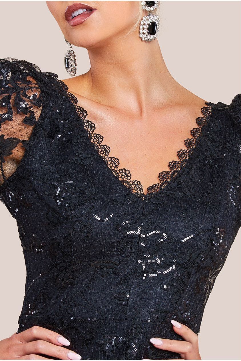 Goddiva Sequin Lace Short Sleeve A-Line Midi Dress - Black