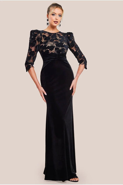 Goddiva Scalloped Velvet Crochet Maxi Dress - Black