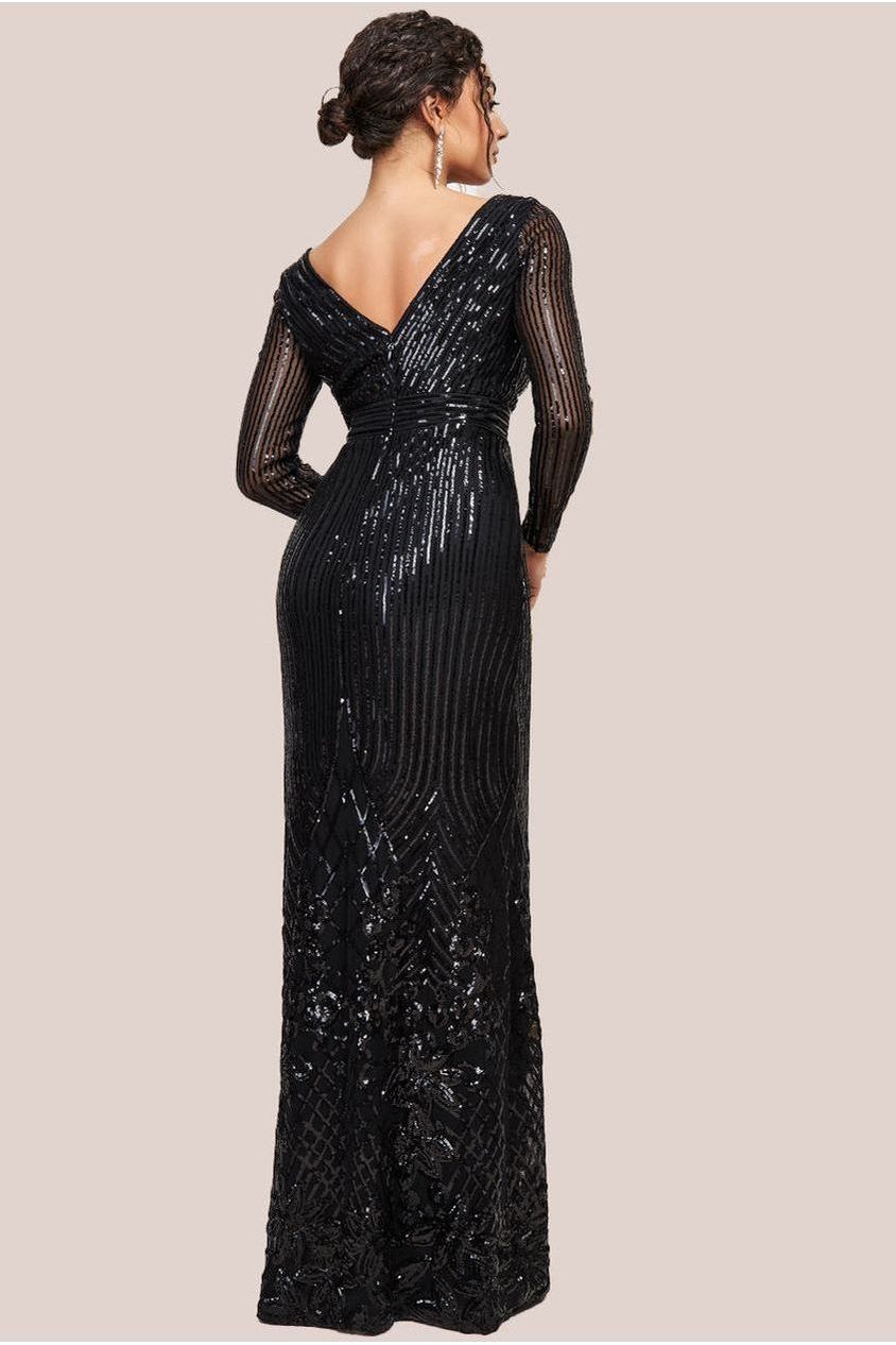 Goddiva Long Sleeve Sequin V Wrap Maxi Dress - Black