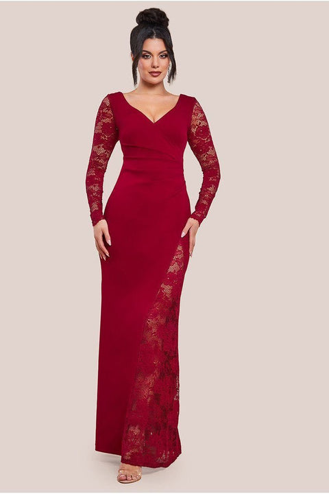 Goddiva Scuba & Lace Wrap Maxi Dress - Wine