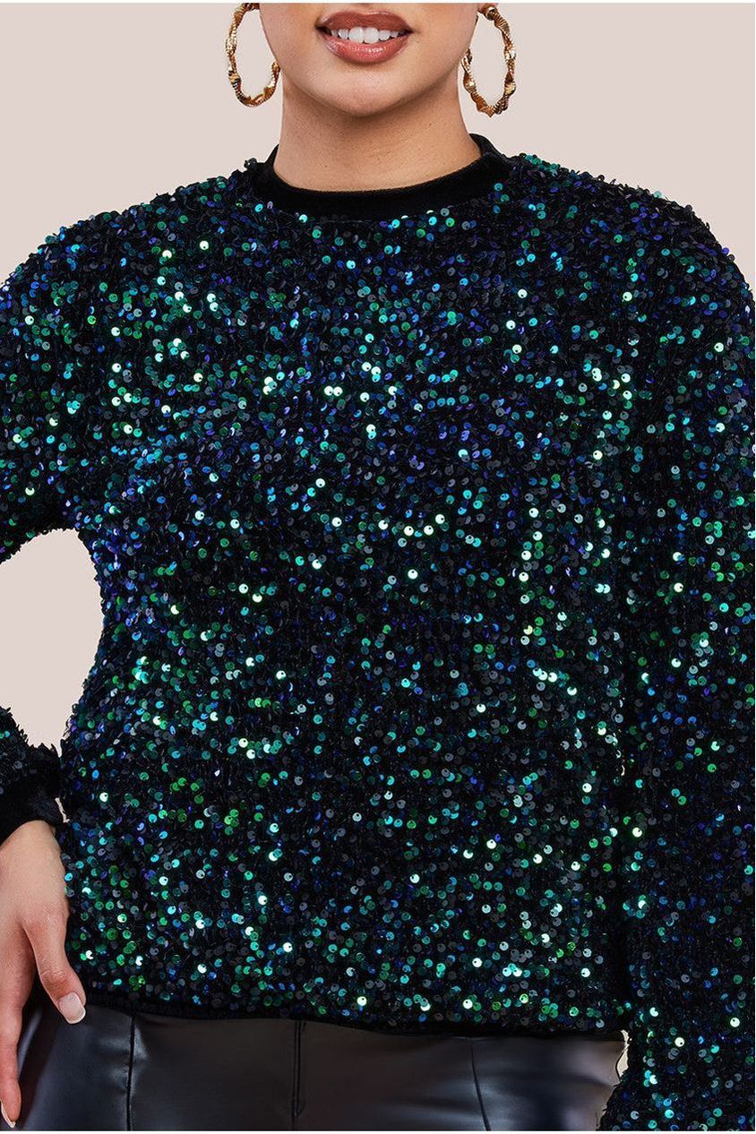 Goddiva Multi Sequin Velvet Sweater - Emerald Green