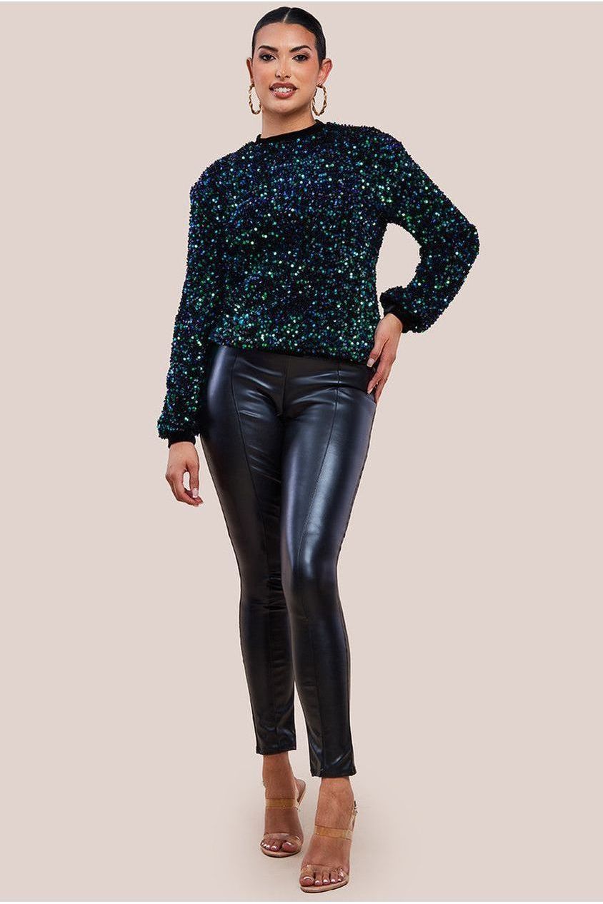 Goddiva Multi Sequin Velvet Sweater - Emerald Green