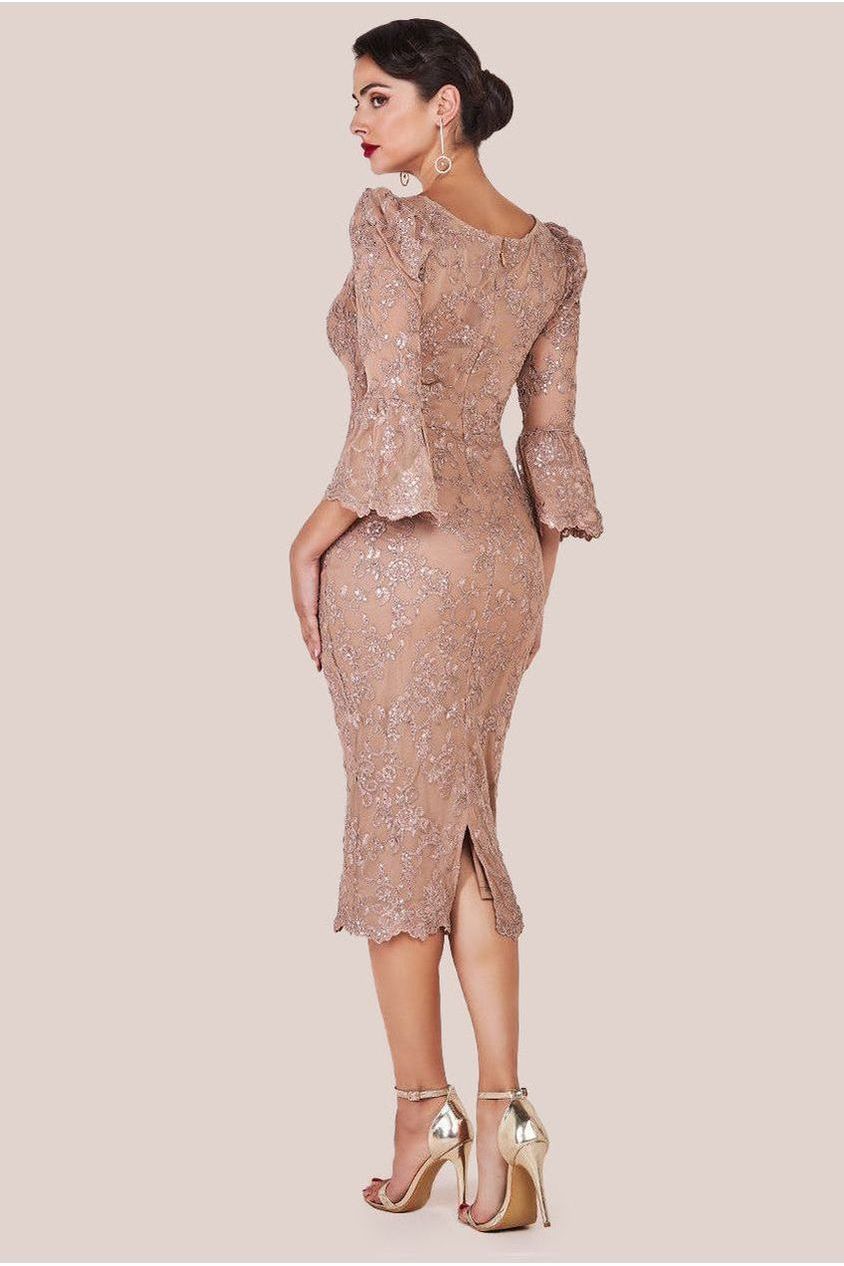 Goddiva Sequin Scallop Lace Midi Dress - Champagne
